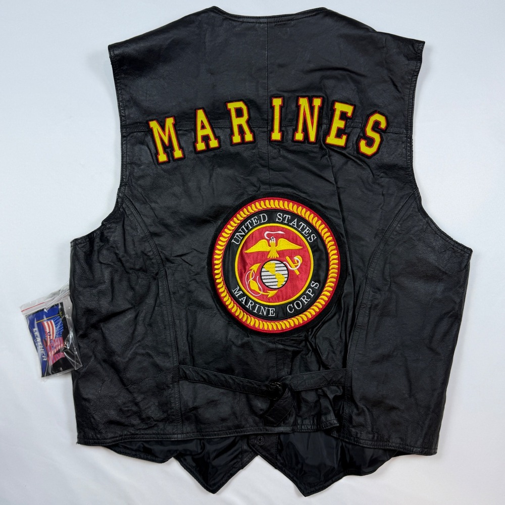 Leather U.S.A. Marine Corps Biker Vest Mens 3XL Black Embroidered Patch 3002